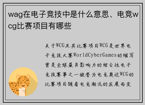 wag在电子竞技中是什么意思、电竞wcg比赛项目有哪些